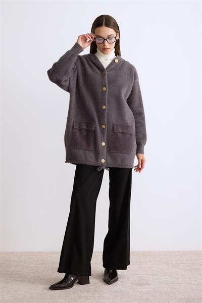 Kapşonlu Düğmeli Angora Hırka Antrasit