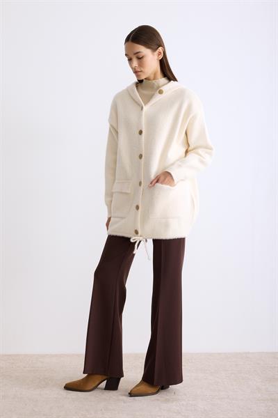 Kapşonlu Düğmeli Angora Hırka Ekru
