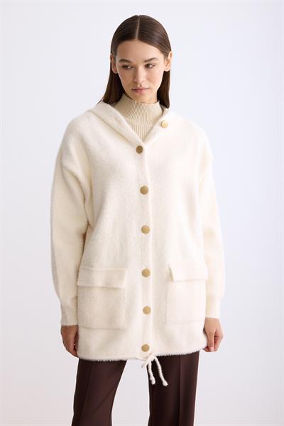 Kapşonlu Düğmeli Angora Hırka Ekru