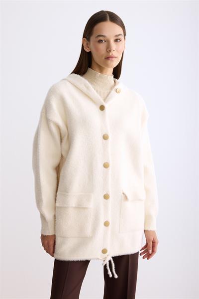 Kapşonlu Düğmeli Angora Hırka Ekru