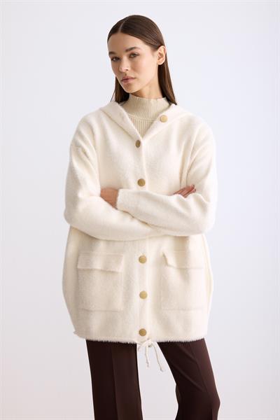 Kapşonlu Düğmeli Angora Hırka Ekru