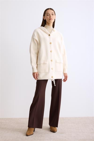 Kapşonlu Düğmeli Angora Hırka Ekru