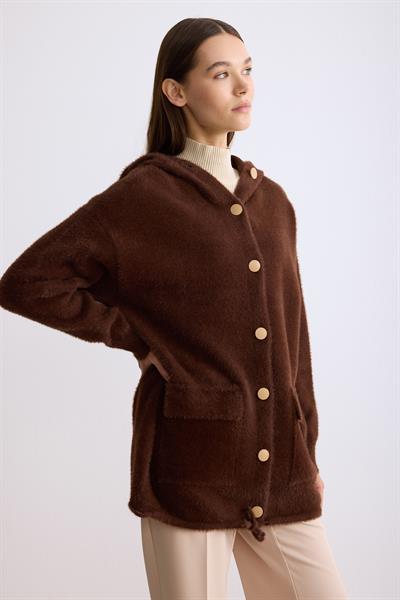 Kapşonlu Düğmeli Angora Hırka Kahverengi