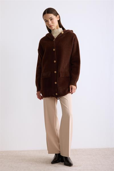 Kapşonlu Düğmeli Angora Hırka Kahverengi