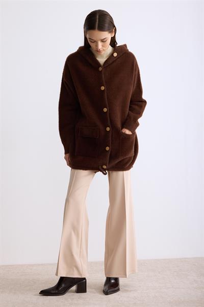 Kapşonlu Düğmeli Angora Hırka Kahverengi