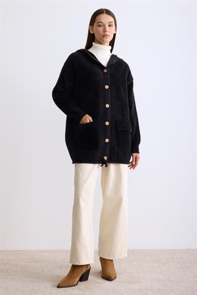 Kapşonlu Düğmeli Angora Hırka Siyah