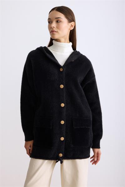 Kapşonlu Düğmeli Angora Hırka Siyah