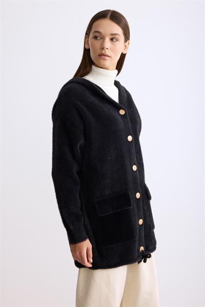 Kapşonlu Düğmeli Angora Hırka Siyah