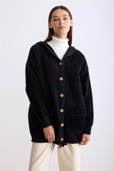 Kapşonlu Düğmeli Angora Hırka Siyah