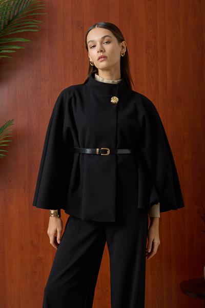 Kemer Detaylı Dik Yaka Kaşe Panço Siyah