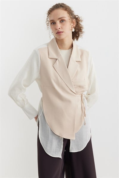 Kruvaze Şifon Bağlamalı Ceket Bej
