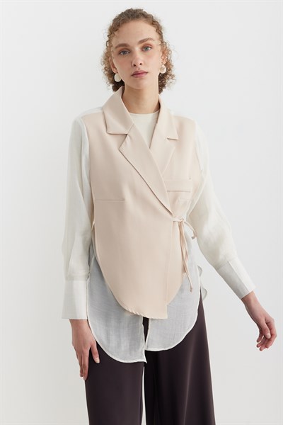 Kruvaze Şifon Bağlamalı Ceket Bej