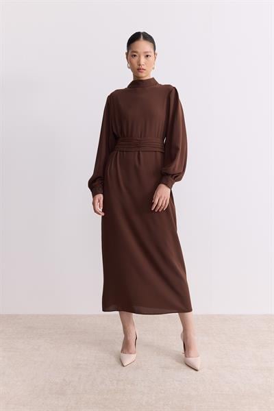 Kuşaklı Krep Kalem Elbise Acı Kahverengi