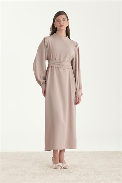 Kuşaklı Krep Kalem Elbise Bej