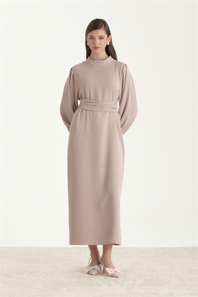 Kuşaklı Krep Kalem Elbise Bej