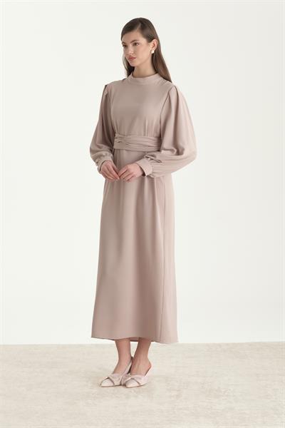 Kuşaklı Krep Kalem Elbise Bej
