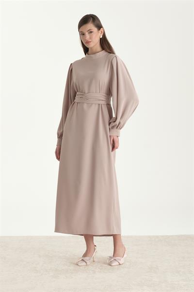Kuşaklı Krep Kalem Elbise Bej