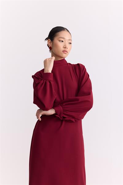 Kuşaklı Krep Kalem Elbise Bordo