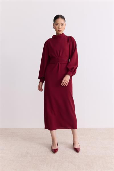 Kuşaklı Krep Kalem Elbise Bordo