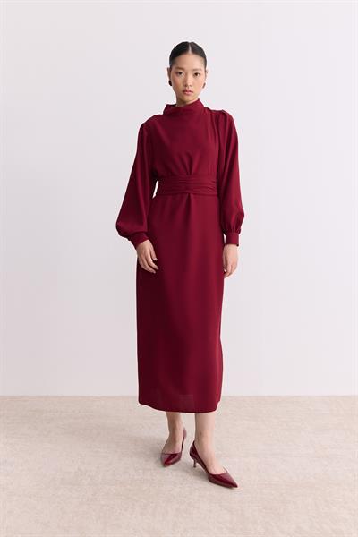 Kuşaklı Krep Kalem Elbise Bordo