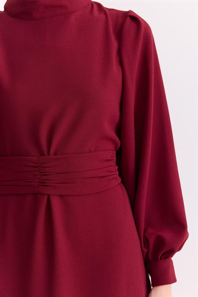 Kuşaklı Krep Kalem Elbise Bordo