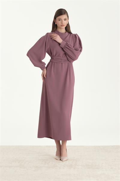 Kuşaklı Krep Kalem Elbise Gül Kurusu