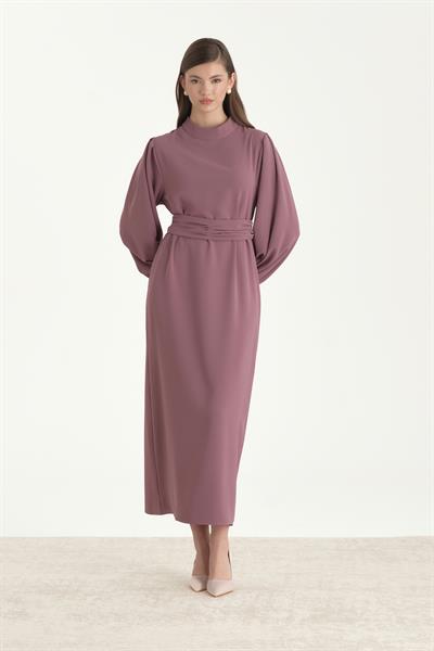 Kuşaklı Krep Kalem Elbise Gül Kurusu