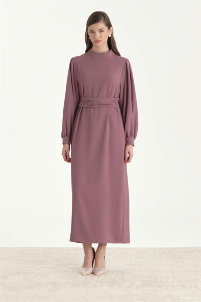 Kuşaklı Krep Kalem Elbise Gül Kurusu