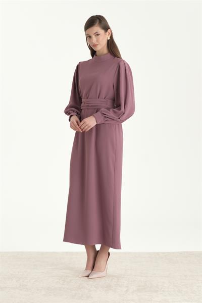 Kuşaklı Krep Kalem Elbise Gül Kurusu