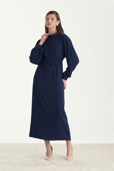 Kuşaklı Krep Kalem Elbise İndigo
