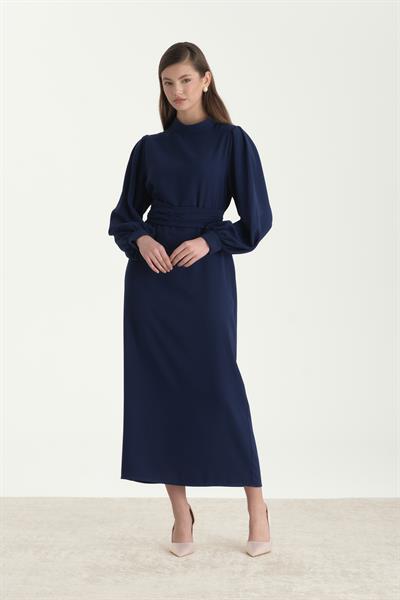 Kuşaklı Krep Kalem Elbise İndigo