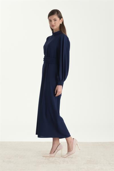 Kuşaklı Krep Kalem Elbise İndigo