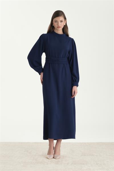 Kuşaklı Krep Kalem Elbise İndigo