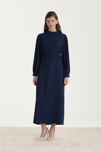 Kuşaklı Krep Kalem Elbise İndigo
