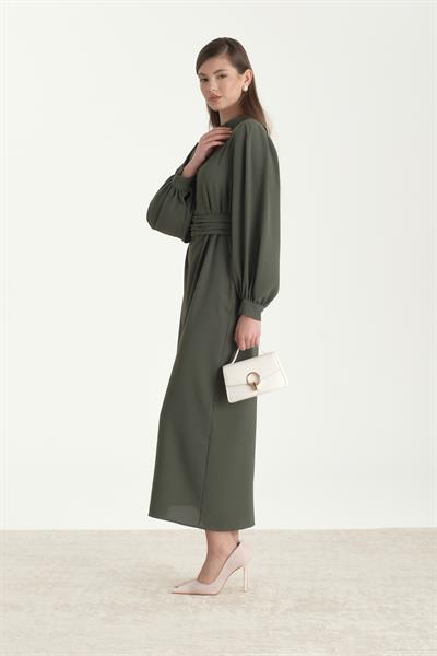 Kuşaklı Krep Kalem Elbise Küf Yeşili