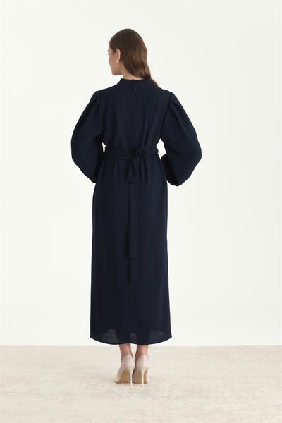 Kuşaklı Krep Kalem Elbise Lacivert
