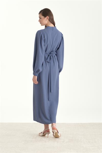Kuşaklı Krep Kalem Elbise Açık Mavi