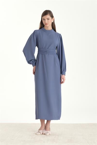 Kuşaklı Krep Kalem Elbise Açık Mavi