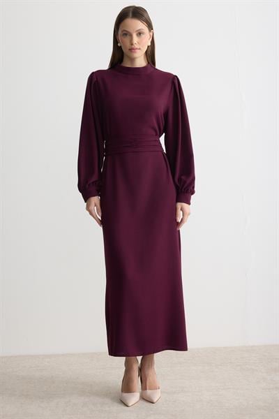 Kuşaklı Krep Kalem Elbise Mürdüm