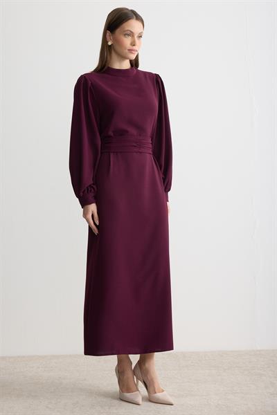 Kuşaklı Krep Kalem Elbise Mürdüm