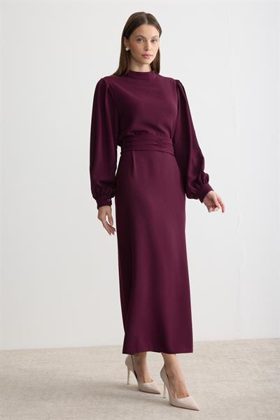 Kuşaklı Krep Kalem Elbise Mürdüm