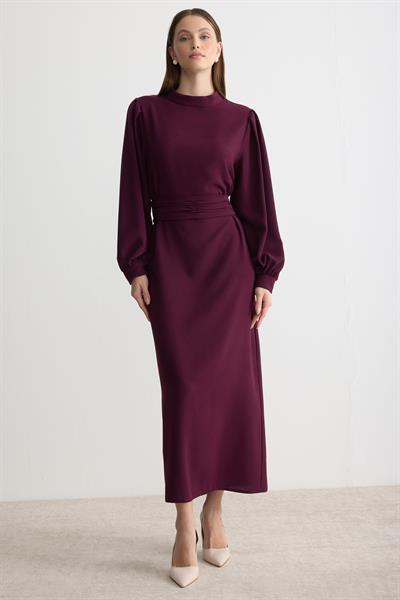 Kuşaklı Krep Kalem Elbise Mürdüm