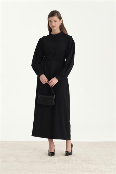 Kuşaklı Krep Kalem Elbise Siyah