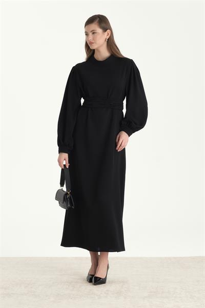 Kuşaklı Krep Kalem Elbise Siyah