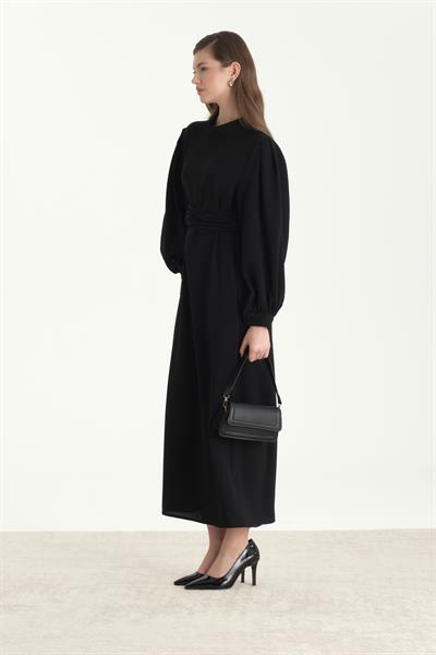 Kuşaklı Krep Kalem Elbise Siyah