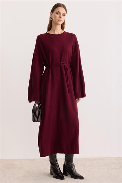 Kuşaklı Oversize Triko Elbise Bordo