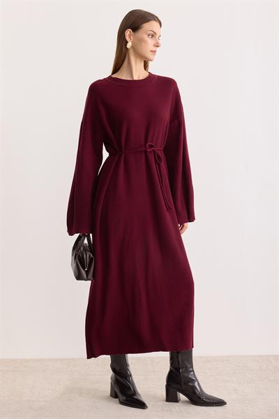 Kuşaklı Oversize Triko Elbise Bordo