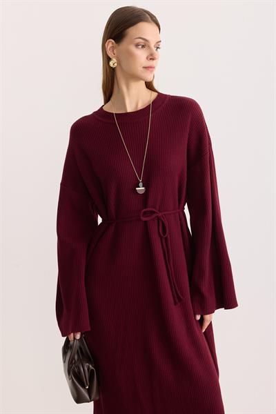 Kuşaklı Oversize Triko Elbise Bordo