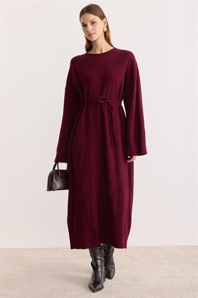 Kuşaklı Oversize Triko Elbise Bordo