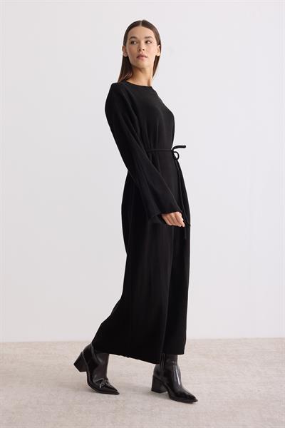 Kuşaklı Oversize Triko Elbise Siyah